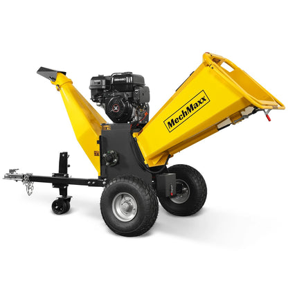 MechMaxx 6 inch ZONSEN 459cc 15hp E-Start Gas Powered 4-Wheels Wood Chipper Shredder Mulcher with Towbar/Tail Light/Emergency Stop Button/Stop Bar, Model B150 Yellow